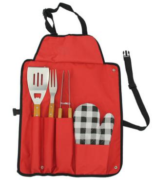 4 PCS solid wood handle BBQ TOOL SET in Apron for promotion